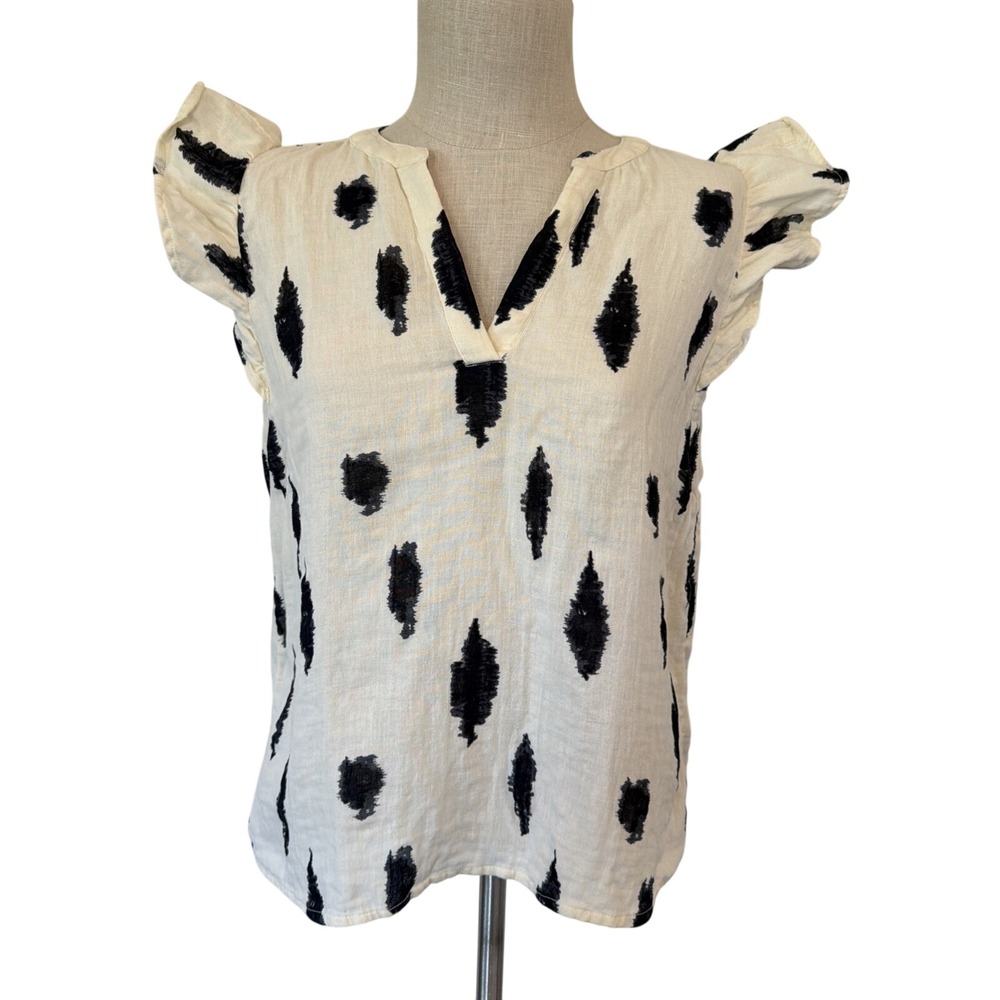 Evereve Cream White Black Batik Block Print Flutter Sleeve Blouse Medium